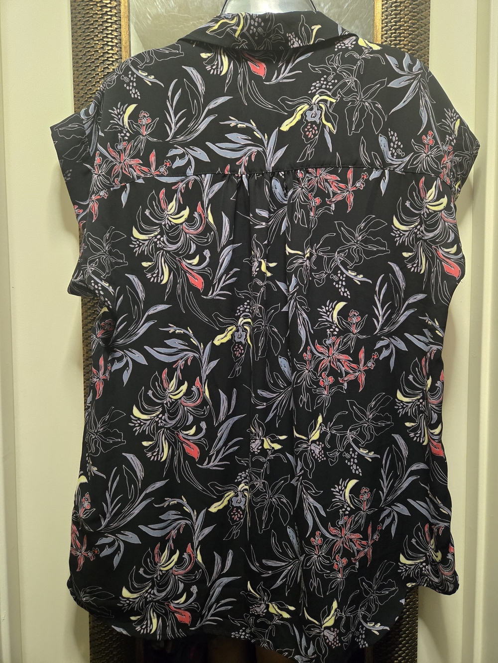 Floral Cap-Sleeve Blouse - Black with Fuscia, Lavender & Yellow Floral Print